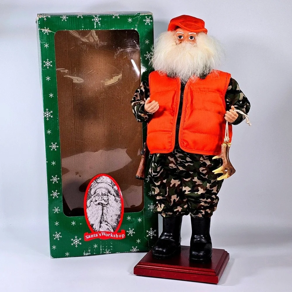 Vintage Santas Workshop Hunting Santa Claus Figure Camo Orange Vest 17.5